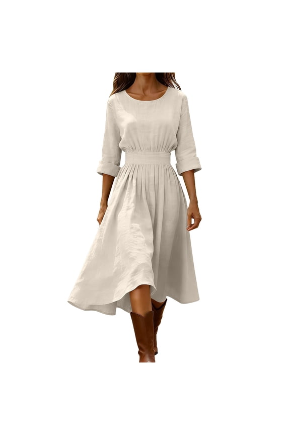 Womens Linen Dress Round Neck 3/4 Sleeve A Line Dress Elastic Waist Solid Midi Dress Fit Flare Casual Wedding Guest Church Work Date Night