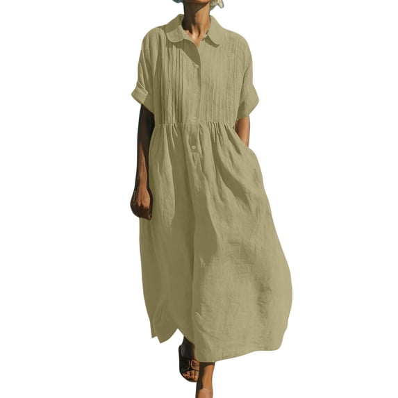 Gamivast Womens Linen Dresses Short Sleeve Collared Maxi Dress Pleated Front Button Down Casual Dress Solid Color Loose Fit with Pockets Beach Holiday