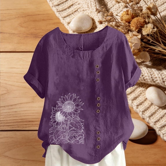 Gamivast Womens Linen Shirt Loose Round Collar Blouses Trendy Short Sleeve Holiday Going out Tops Beach Designs Tees Summer Fashion outfits