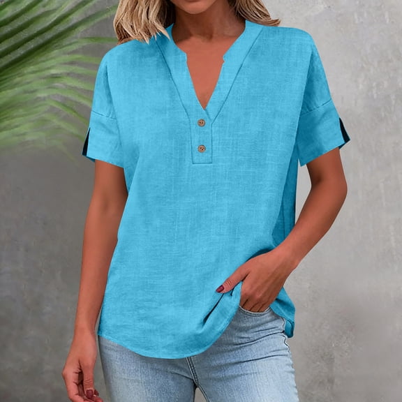 Gamivast Womens Linen Shirts V-Neck Loose Fit Tunic Tops Soft Lightweight Button Detail Short Sleeve Blouse Casual Daily Weekend Holiday Wear