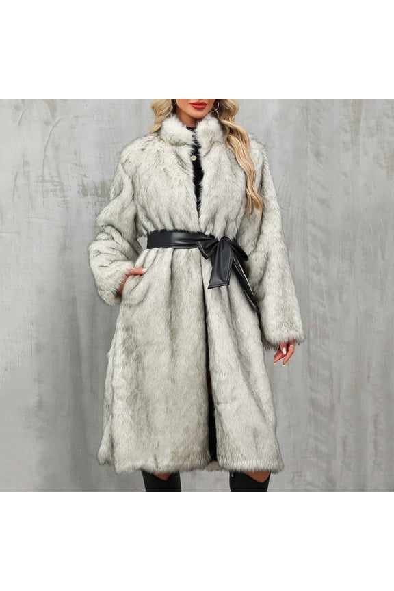 Womens Long Faux Fur Coat Oversized Loose Long Sleeve Stand Collar Winter Jackets Trendy Trench Coat 2025 Open Front Warm Outerwear with Belt