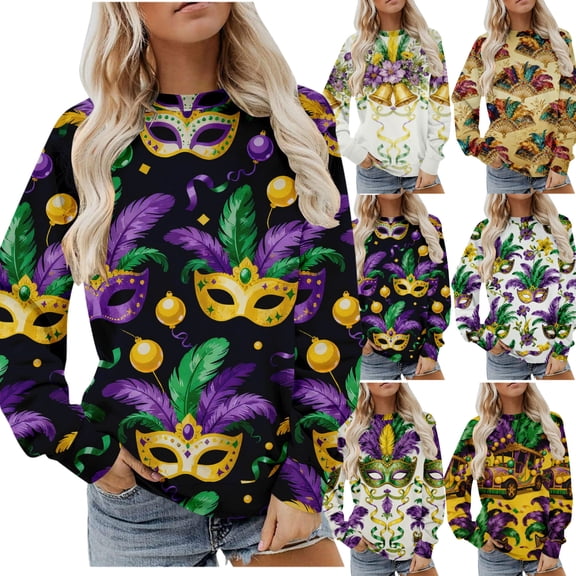 Gamivast Womens Mardi Gras Sweatshirts Plus Size Trendy Mask Graphic Drop Shoulder Pullover Casual Loose Long Sleeve Crew Neck Blouse Holiday Carnival Top