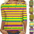 thumbnail image 1 of Gamivast Womens Mardi Gras Sweatshirts Striped 3/4 Sleeve Crewneck Pullover Relaxed Fitted Tunic Tee Tops Holiday Carnival Party Outfits 2026, 1 of 5