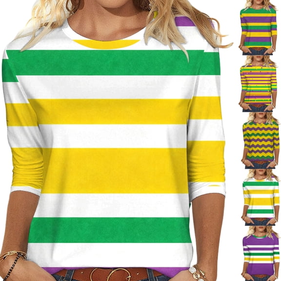 Gamivast Womens Mardi Gras Sweatshirts Striped 3/4 Sleeve Crewneck Pullover Relaxed Fitted Tunic Tee Tops Holiday Carnival Party Outfits 2026