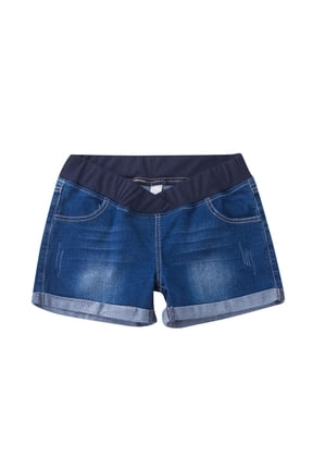 Womens Maternity Denim Shorts Over The Belly High Waisted Stretchy Comfortable Tummy Panel Rolled Hem Pregnancy Jean Shorts for Summer Casual Everyday Wear