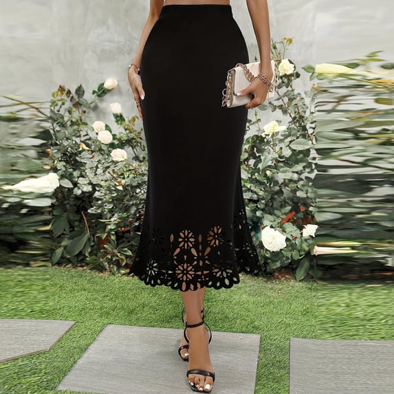 Gamivast Womens Midi Skirts High Waisted Elastic Waist Elegant Mermaid Bodycon Skirt Laser Cut Hollow Out Floral Skirt Hem Slim Fit Evening Party Cocktail