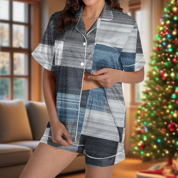 Gamivast Womens Pajama Sets Plus Size Short Sleeve Floral Print Button Down Silk Pj Set Dressy Casual Soft Shorts 2 Piece Sleepwear Holiday Loungewear