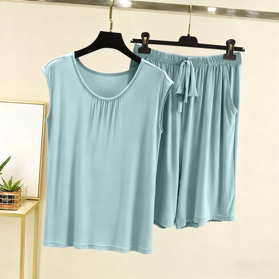 Gamivast Womens Pajama Sets Sleeveless Pleated Crew Neck Tank Top & Shorts 2 Piece Outfits Solid Soft Sleepwear Summer Casual Nightwear Comfy Lounge Pjs