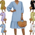 thumbnail image 1 of Gamivast Womens Party Dress V-Neck 3/4 Puff Sleeve Midi Dress Ruffle Hem Solid A Line Dress Elegant Flowy Casual Work Church Wedding Guest Date, 1 of 10