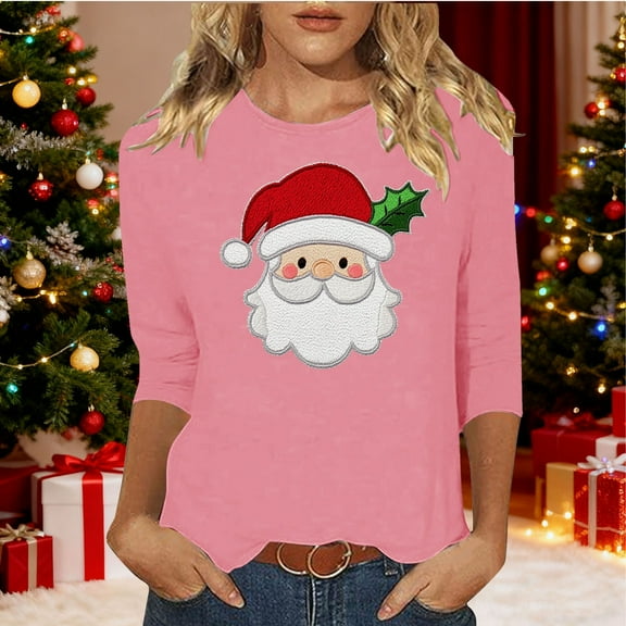 Gamivast Womens Plus Christmas Tops Holiday 3/4 Length Sleeve Merry Christmas Shirt Santa Graphic Trendy Tee Tops Xmas Party Crew Neck Winter Fashion Pullover 3XL