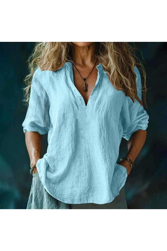 Womens Plus Size 2025 Summer Linen Shirts for Women Casual 3/4 Sleeve Loose Fit Tops Oversized V Neck Cotton Linen Tshirt Beach Tees Blue XL at