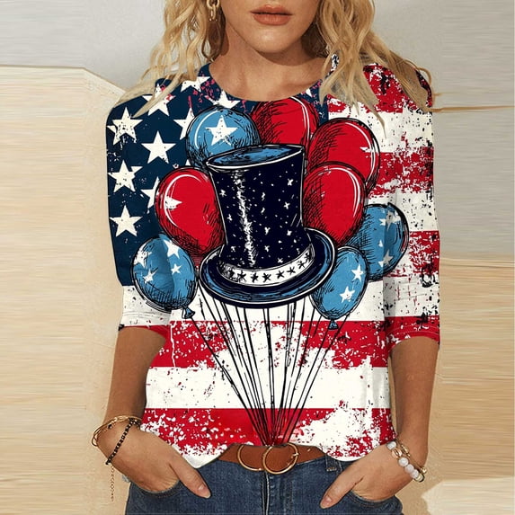Gamivast Womens Plus Size $5 4th of July Outfits For Women,4th of July Shirts Women,American Flag 3/4 Sleeve Crew Neck T-Shirt Tunic Tops Blouses Blue XXL Tracking My Recent Order