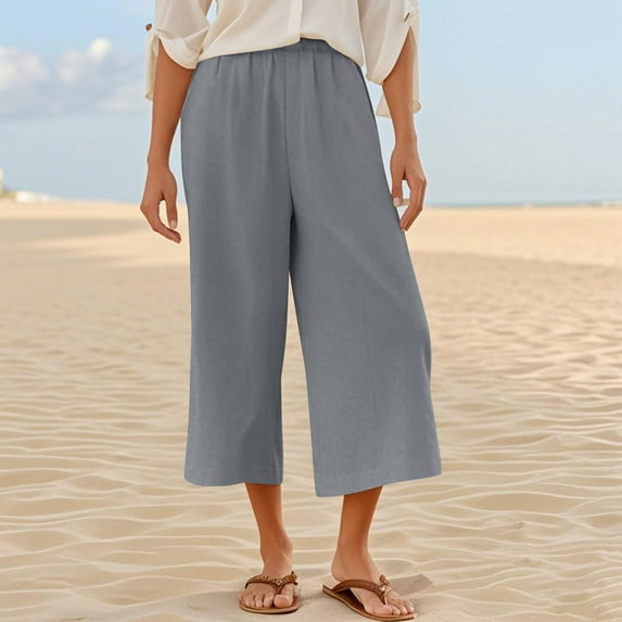 Gamivast Womens Plus Size $5 Linen Pants for Women Summer Wide Leg Cropped Pants Drawstring Elastic Waist Pants Vacation Casual Beach Pants Recent