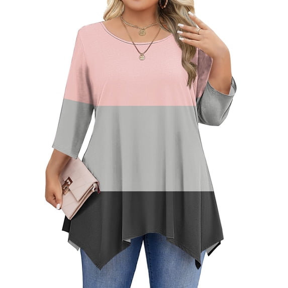 Gamivast Womens Plus Size Tops 3/4 Sleeve Color Block Oversized Tunic Shirts Holiday Casual Crew Neck Asymmetric Hem Blouse Summer Spring Outfits