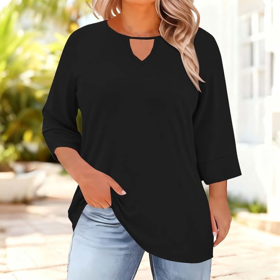 Gamivast Womens Plus Size Tops 3/4 Sleeve Keyhole Neck Tunic Top Dressy Casual Drop Shoulder Dressy Blouse Work Solid Color Going Out Shirts Summer Outfits