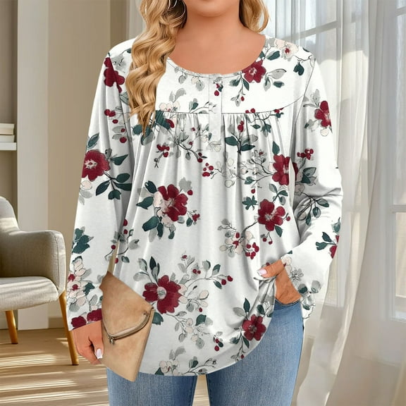 Gamivast Womens Plus Size Tops Graphic Crew Neck Button Tunic Tee Shirts Trendy Casual Drop Shoulder Long Sleeve Blouse Spring Summer Fashion Outfits
