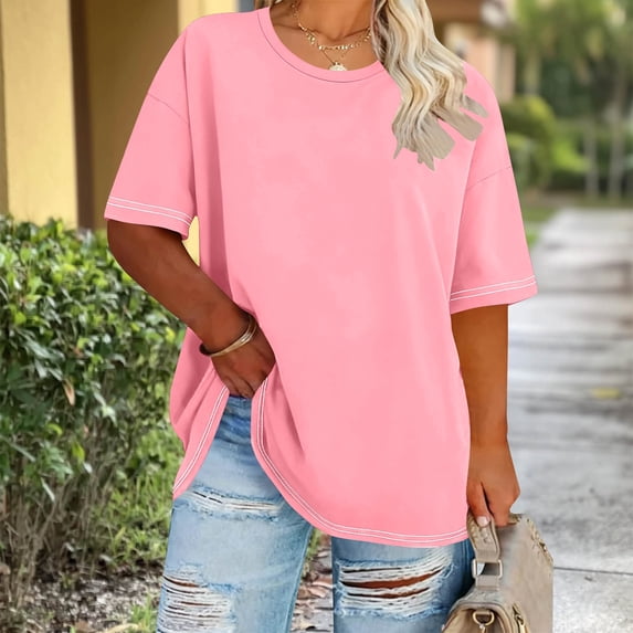 Gamivast Womens Plus Size Tops Oversized Short Sleeve Tunic Going Out Top Casual Holiday Crew Neck Solid Blouse with Stitching Spring Summer Outfits