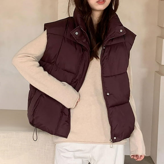 Gamivast Womens Quilted Vest Cropped Zip up Stand Collar Sleeveless Jackets with Pockets Lightweight Winter Puffer Coats Casual Work Drawstring Hem Outerwear Warm Winter Clothes