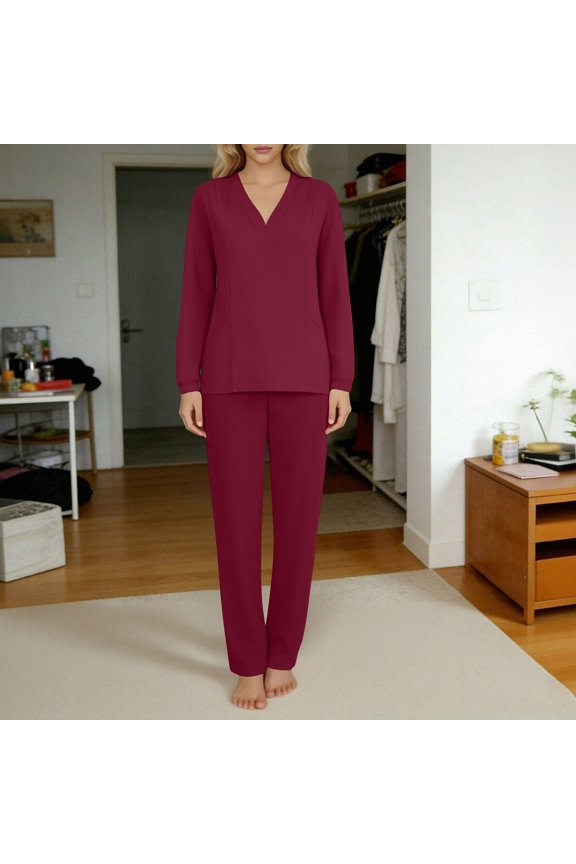 Womens Scrub Sets Long Sleeve V-Neck Top & Straight Leg Pants Nursing Uniforms Solid Soft Comfy Stretch Medical Spa Workwear Matching Sets