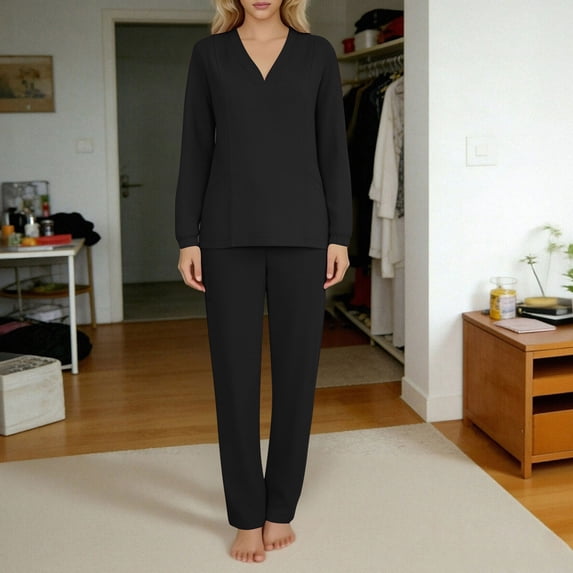 Gamivast Womens Scrub Sets Long Sleeve V-Neck Top & Straight Leg Pants Nursing Uniforms Solid Soft Comfy Stretch Medical Spa Workwear Matching Sets