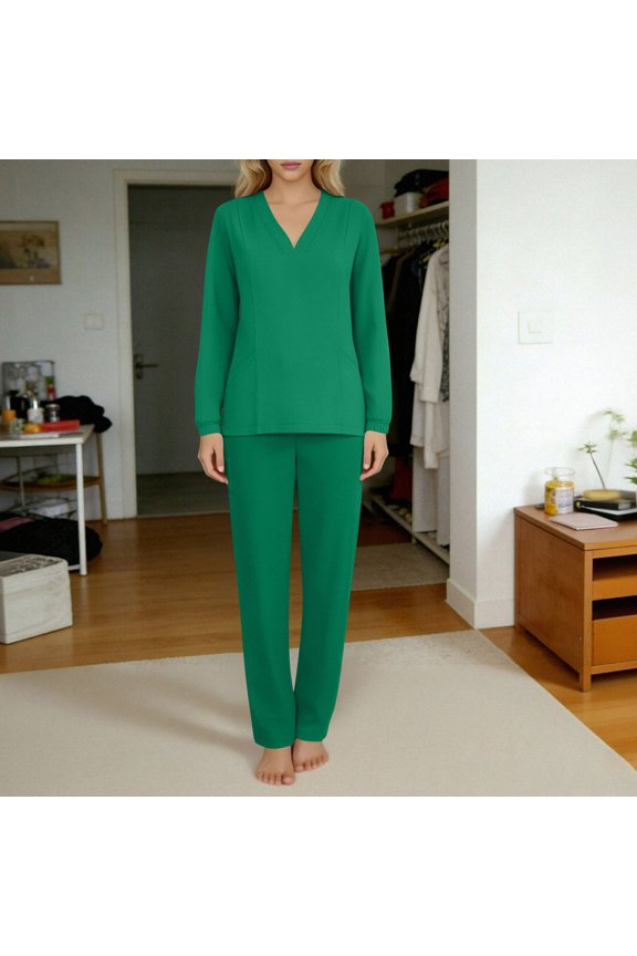 Womens Scrub Sets Long Sleeve V-Neck Top & Straight Leg Pants Nursing Uniforms Solid Soft Comfy Stretch Medical Spa Workwear Matching Sets