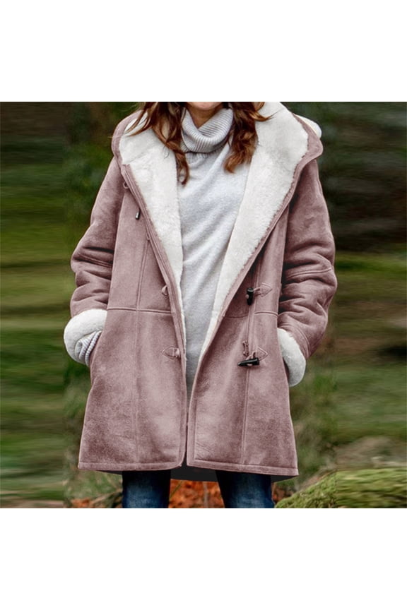 Womens Sherpa Fleece Lined Jacket with Hood Horn Buttons Winter Duffle Jackets with Pockets Warm Long Sleeve Travel Coats Loose Casual Solid Overcoat