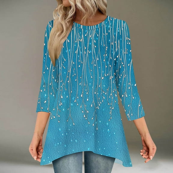 Gamivast Womens Shirt 3/4 Sleeve Tops for Women Trendy Boho Floral Print Tunic Tops Crewneck Loose Fit Flowy Shirts Blouses Blue M of the Day Past