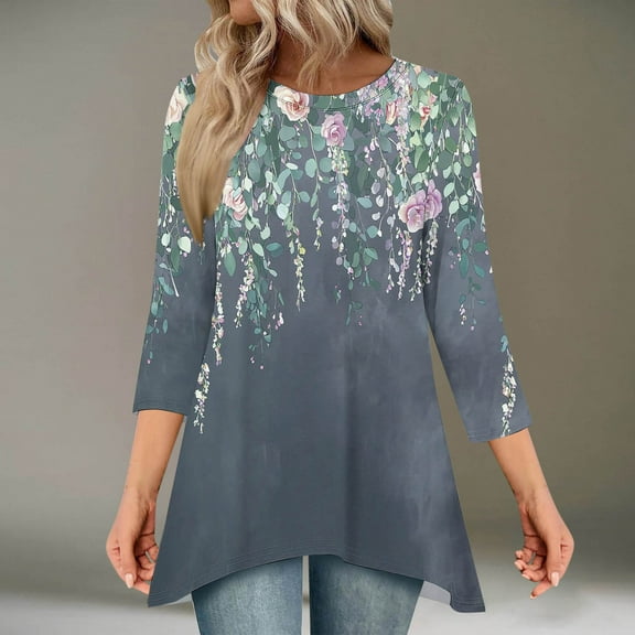 Gamivast Womens Shirt 3/4 Sleeve Tops for Women Trendy Boho Floral Print Tunic Tops Crewneck Loose Fit Flowy Shirts Blouses Gray XXL Womens Clothing Recent I have Placed