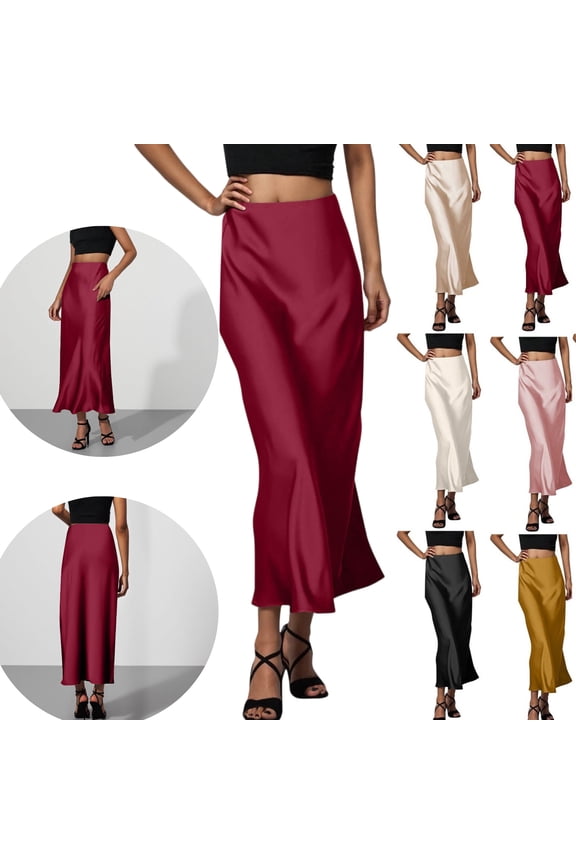 Womens Silk Skirt High Waisted Elegant Silky Smooth Satin Skirt Bias Cut Flowy Slip Midi Skirt for Wedding Guest Cocktail Party Evening Date