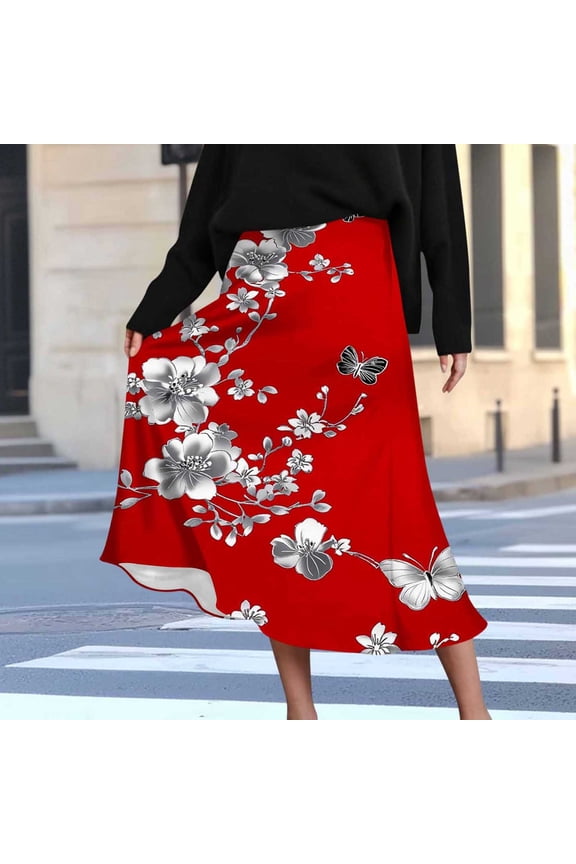 Womens Skirts Midi Length High Waisted Elastic Waist A Line Bow Pattern Flared Flowy Skirt Cute Trendy Casual Office Party Vacation Midi Skirt