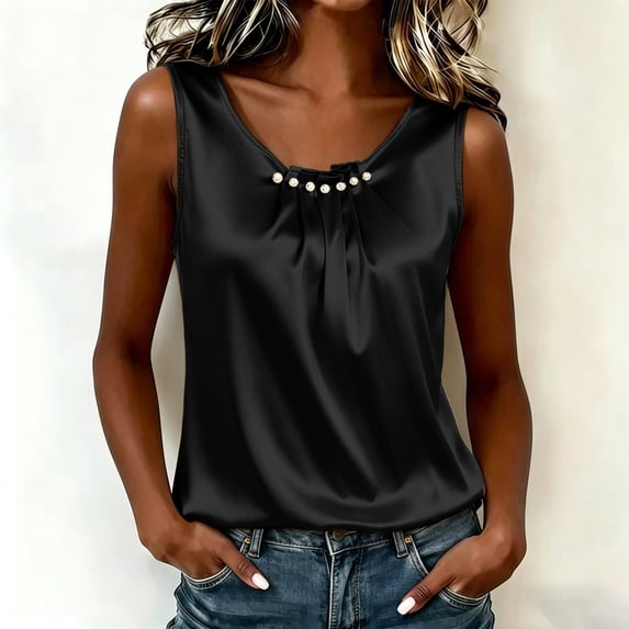 Gamivast Womens Sleeveless Satin Blouses Elegant Silky Camisoles Casual Summer Tank Tops Dressy Flowy Shirts Basic Layering Work Office Daily Outfits Relaxed Fit Black M