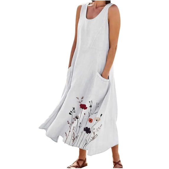 Gamivast Womens Summer Dresses Sleeveless Poppy Print Maxi Dress With Pockets Loose Fit Flowy Dress Casual Beach Vacation Daily Sun Dress Gown