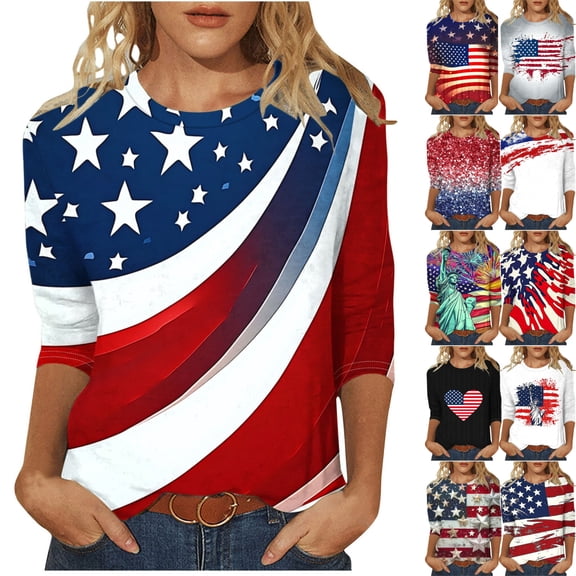 Gamivast Womens Summer Tops American Flag Star Print 3/4 Sleeve Tops Crew Neck Regular Fit Blouses Casual Independence Day Vacation Wear
