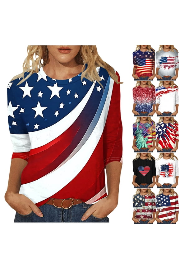 Womens Summer Tops American Flag Star Print 3/4 Sleeve Tops Crew Neck Regular Fit Blouses Casual Independence Day Vacation Wear