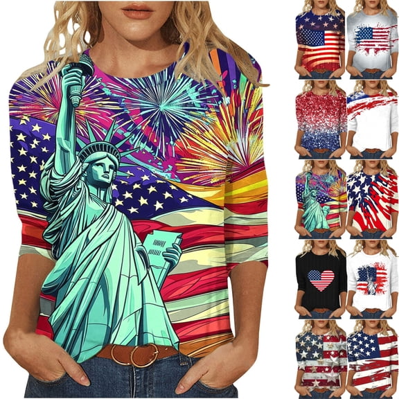 Gamivast Womens Summer Tops American Flag Star Print 3/4 Sleeve Tops Crew Neck Regular Fit Blouses Casual Independence Day Vacation Wear