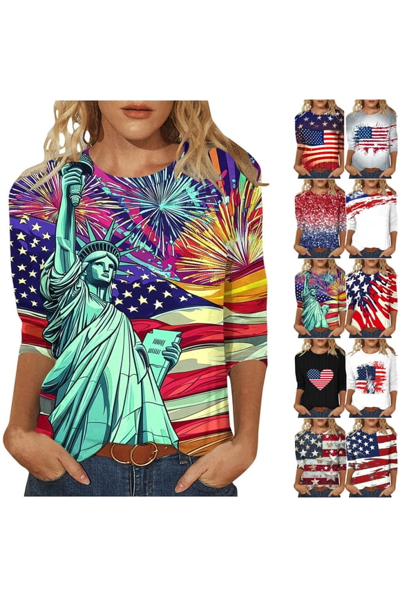 Womens Summer Tops American Flag Star Print 3/4 Sleeve Tops Crew Neck Regular Fit Blouses Casual Independence Day Vacation Wear