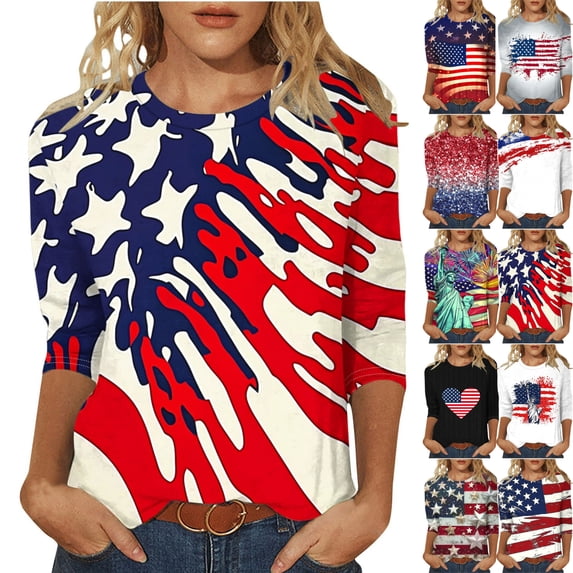 Gamivast Womens Summer Tops American Flag Star Print 3/4 Sleeve Tops Crew Neck Regular Fit Blouses Casual Independence Day Vacation Wear
