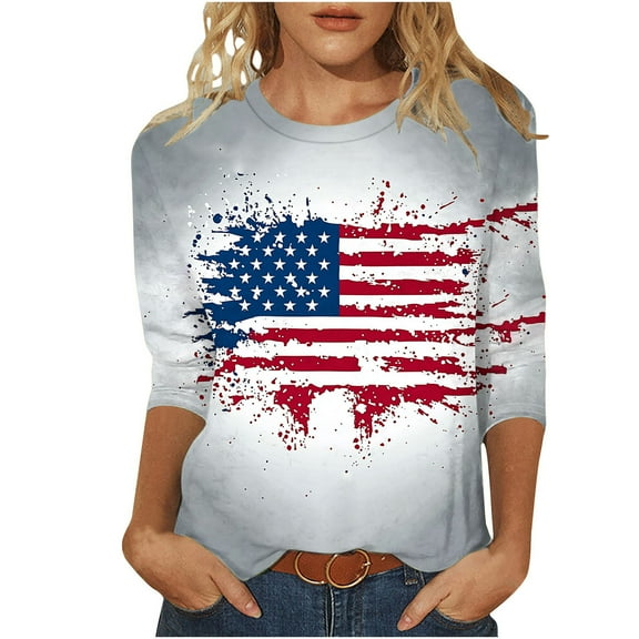 Gamivast Womens Summer Tops American Flag Star Print 3/4 Sleeve Tops Crew Neck Regular Fit Blouses Casual Independence Day Vacation Wear