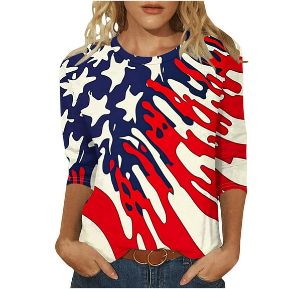 Gamivast Womens Summer Tops American Flag Star Print 3/4 Sleeve Tops Crew Neck Regular Fit Blouses Casual Independence Day Vacation Wear