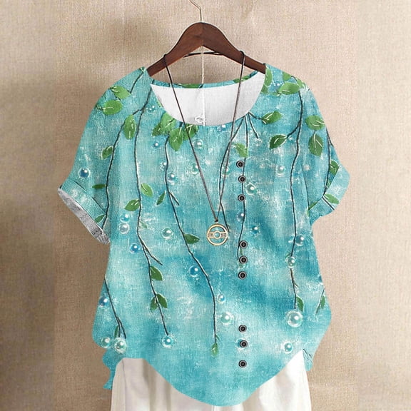 Gamivast Womens Summer Tops Loose Trendy Floral Boho Blouses Casual Button Crew Neck Short Sleeve Shirts Soft Comfy Beach Tops Green L Placed Recent