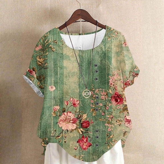 Gamivast Womens Summer Tops Loose Trendy Floral Boho Blouses Casual Button Crew Neck Short Sleeve Shirts Soft Comfy Beach Tops Green M or Past