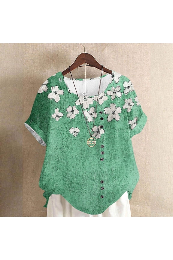 Womens Summer Tops Loose Trendy Floral Boho Blouses Casual Button Crew Neck Short Sleeve Shirts Soft Comfy Beach Tops Green XL Previous