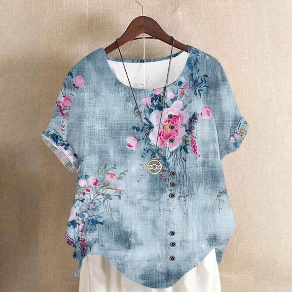 Gamivast Womens Summer Tops Loose Trendy Floral Boho Blouses Casual Button Crew Neck Short Sleeve Shirts Soft Comfy Beach Tops Green XL Womens Clothes Recent