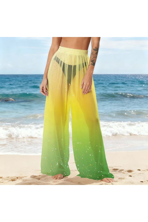 Womens Swimsuit Cover up Pants Glitter Gradient Sheer Beach Wide Leg Pant Holiday Flowy Elastic Waist Boho Swimwear Summer Pool Party Outfits