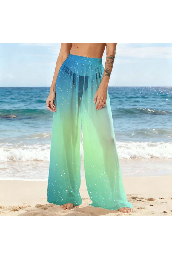Womens Swimsuit Cover up Pants Glitter Gradient Sheer Beach Wide Leg Pant Holiday Flowy Elastic Waist Boho Swimwear Summer Pool Party Outfits
