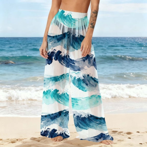 Gamivast Womens Swimsuit Cover up Pants Graphic Pull On Sheer Beach Pant Lightweight Boho Wide Leg Elastic Waist Swimwear Coverup Summer Beach Wear