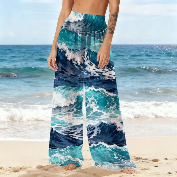 Gamivast Womens Swimsuit Cover up Pants Graphic Pull On Sheer Beach Pant Lightweight Boho Wide Leg Elastic Waist Swimwear Coverup Summer Beach Wear