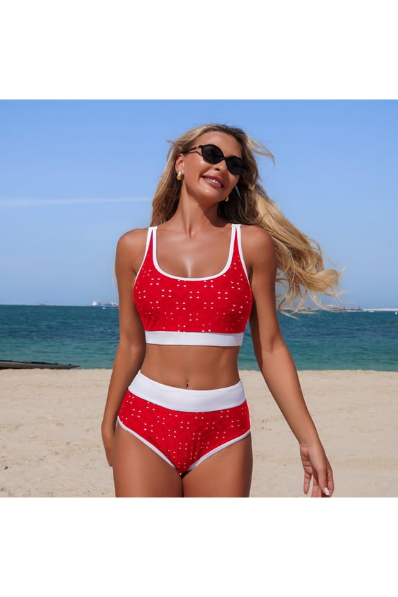 Womens Swimsuits Two Piece Bikini Sets High Waisted Sporty Swimwear Crew Neck Bathing Suits Color Block Cheeky Cut Bikini Beach Vacation Clothes