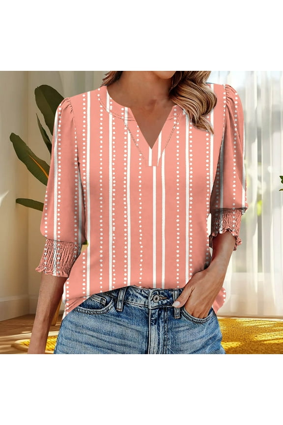 Womens T Shirt 3/4 Length Sleeve Tops V Neck Casual Tunic Basic Floral Tee Shirts Loose Fit Trendy 2025 Vacation Clothes with Smocked Cuffs Red L Womens Clothing Past