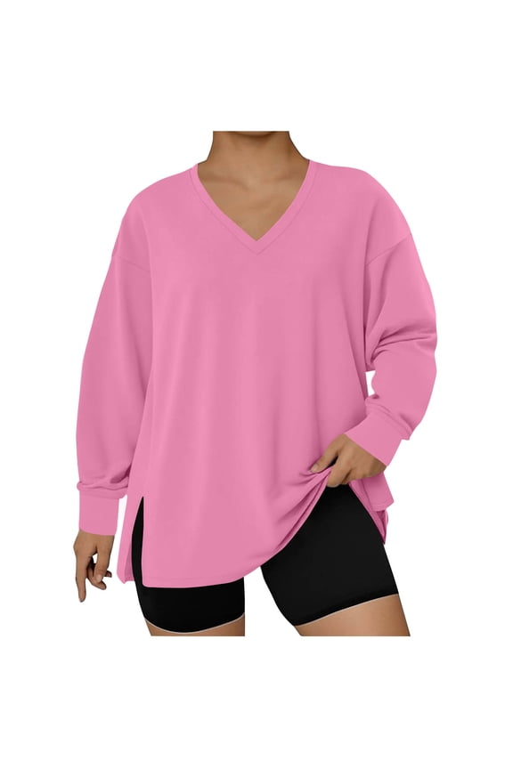 Womens Tops Plus Size Oversized V Neck Drop Shoulder Casual Sweatshirts Trendy Long Sleeve Side Split Going Out Top Spring Daily Outfits